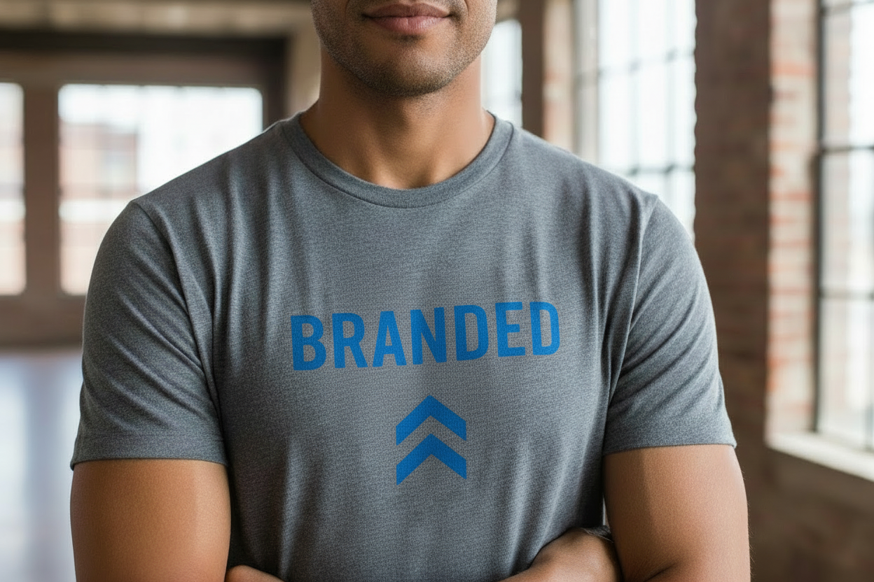 Person wearing a gray t-shirt with 'BRANDED' and a logo in a casual setting